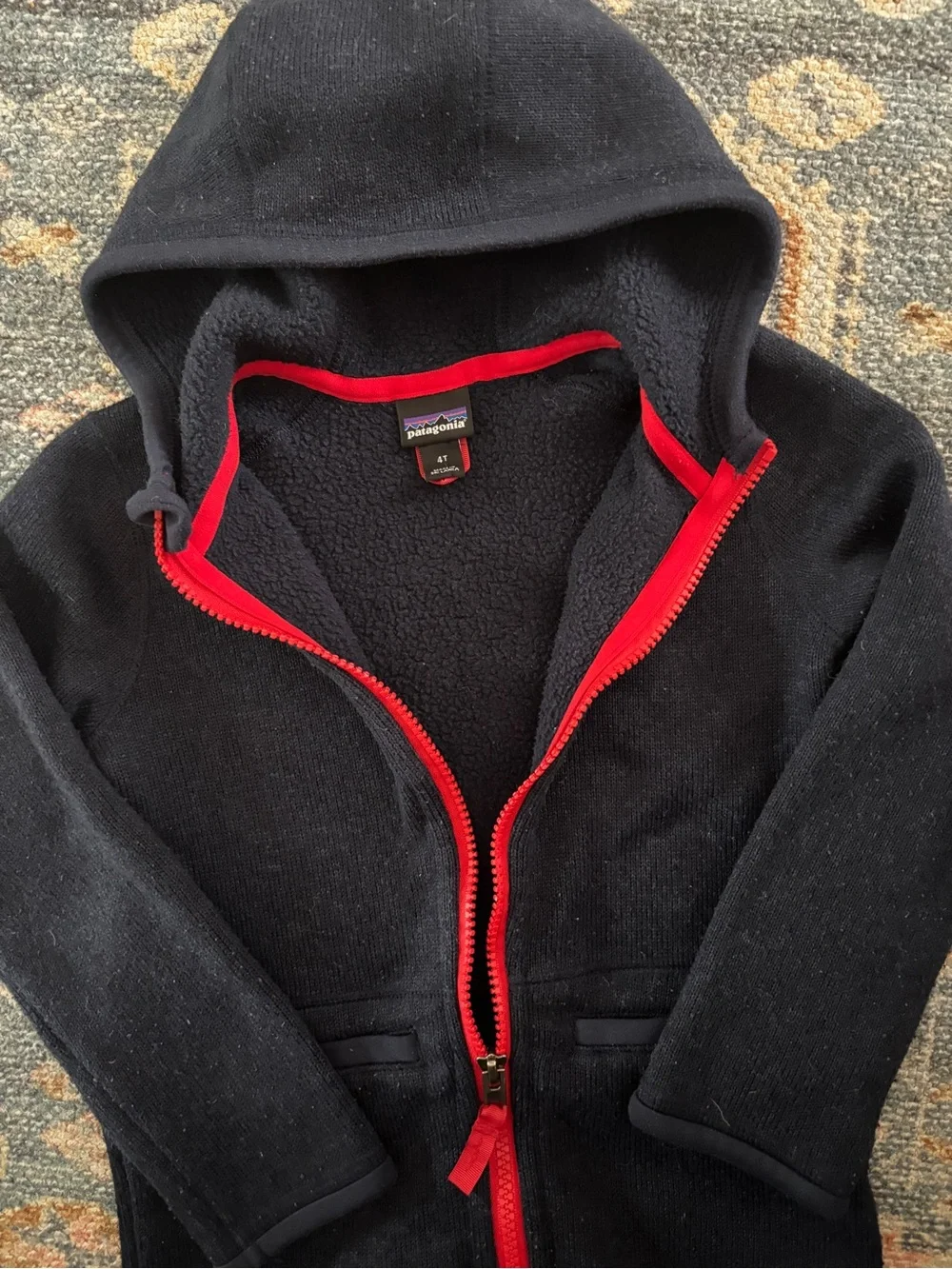 Patagonia zip up sweater fleece hooded jacket size 4T navy youth boys girls